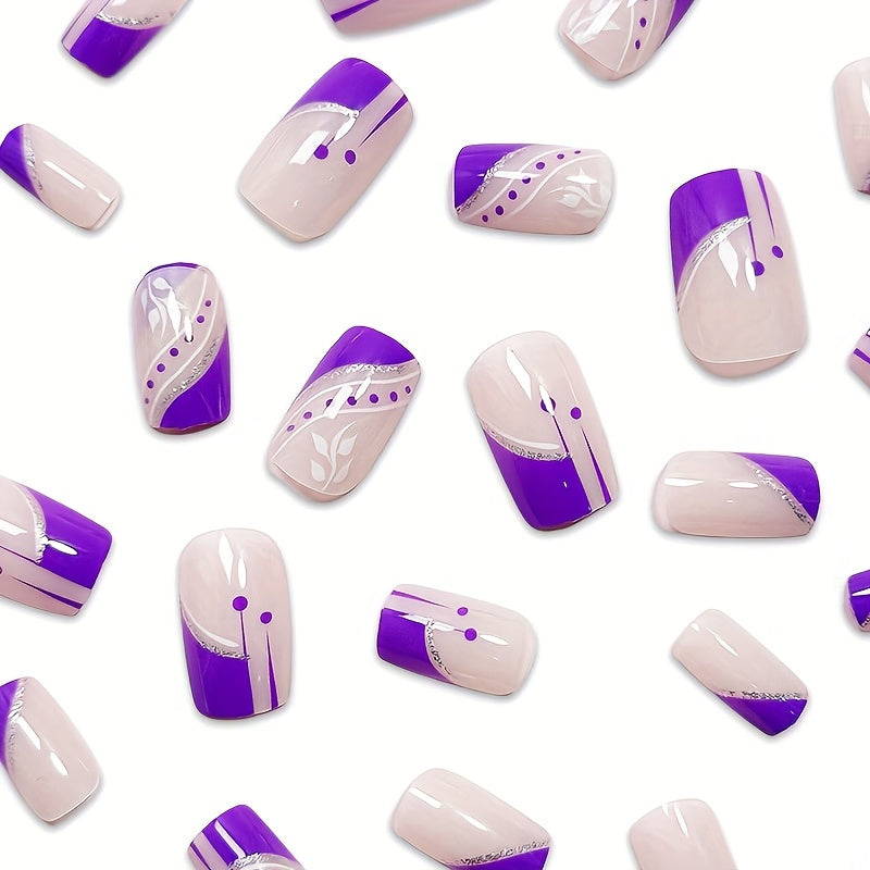 24pcs Elegant French Style Purple Tone Medium Length Square Nail Set, Glossy Finish, with Golden and Silvery Accents, Floral and Geometric Patterns, for Daily Wear and Special Occasions
