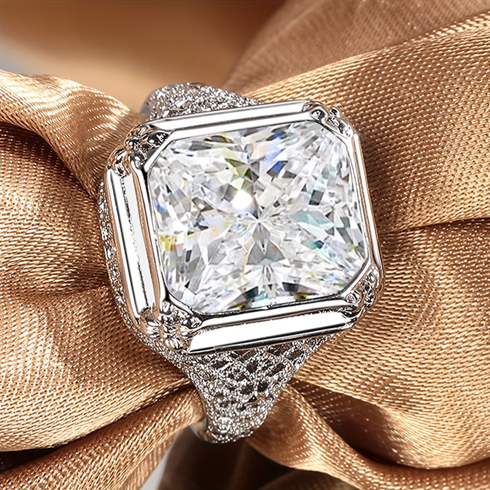 925 Sterling Silver Wide Face Ring, Luxurious And Fashionable, Princess Square Design, Fully Set with 5A Zirconia, Suitable for Daily Wear, Engagement, Date Parties, As A Gift for Your Girlfriend, with Gift Box Included