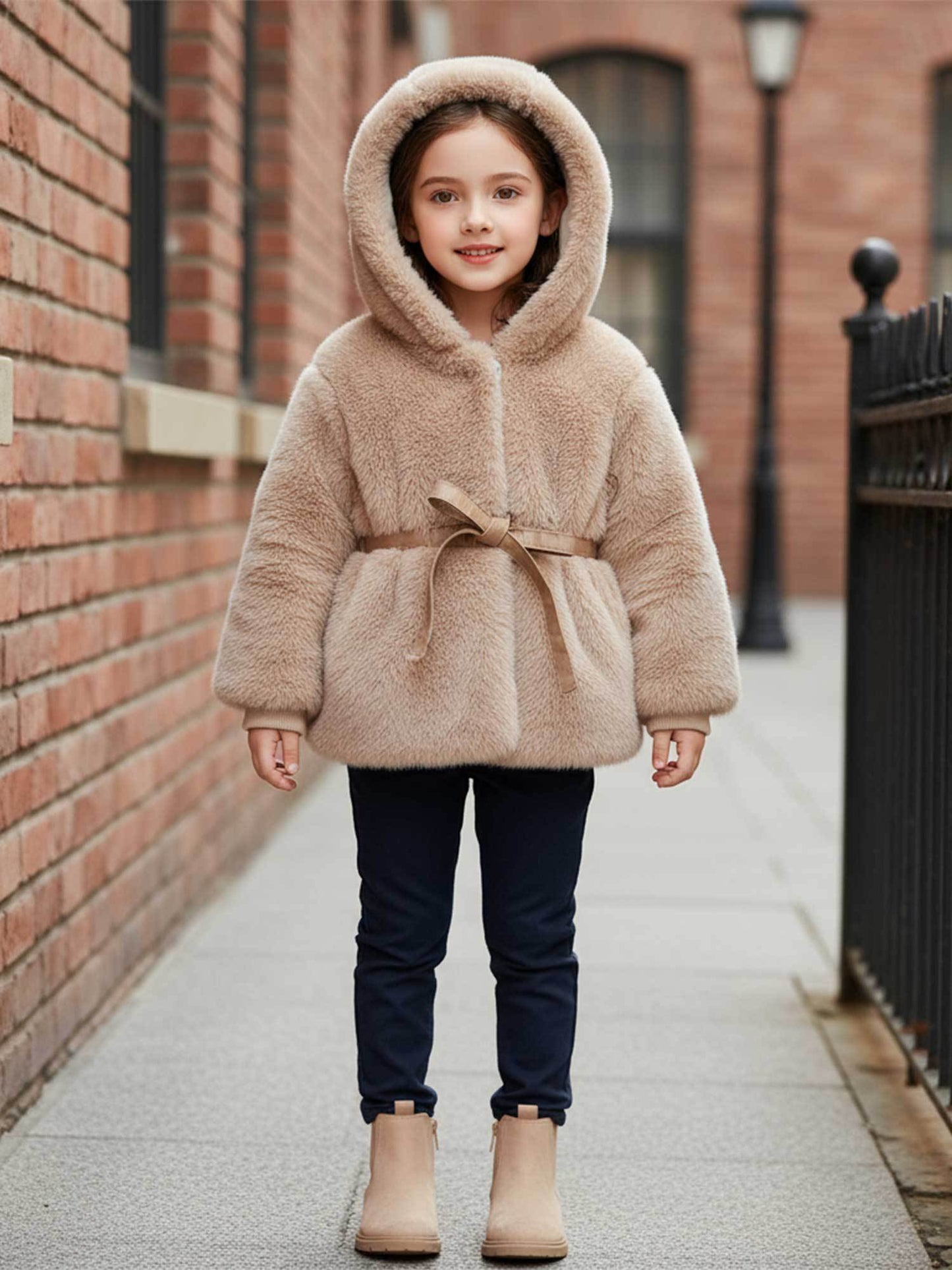 Girls' Winter Korean-Style Hooded Jacket with Faux Fur Plush & Waist Tie Belt - Thickened Coat, Beige/White Fur Outer, Loose Fit Warm Coat for, Playdates & Outdoor (Machine Washable) - Outerwear