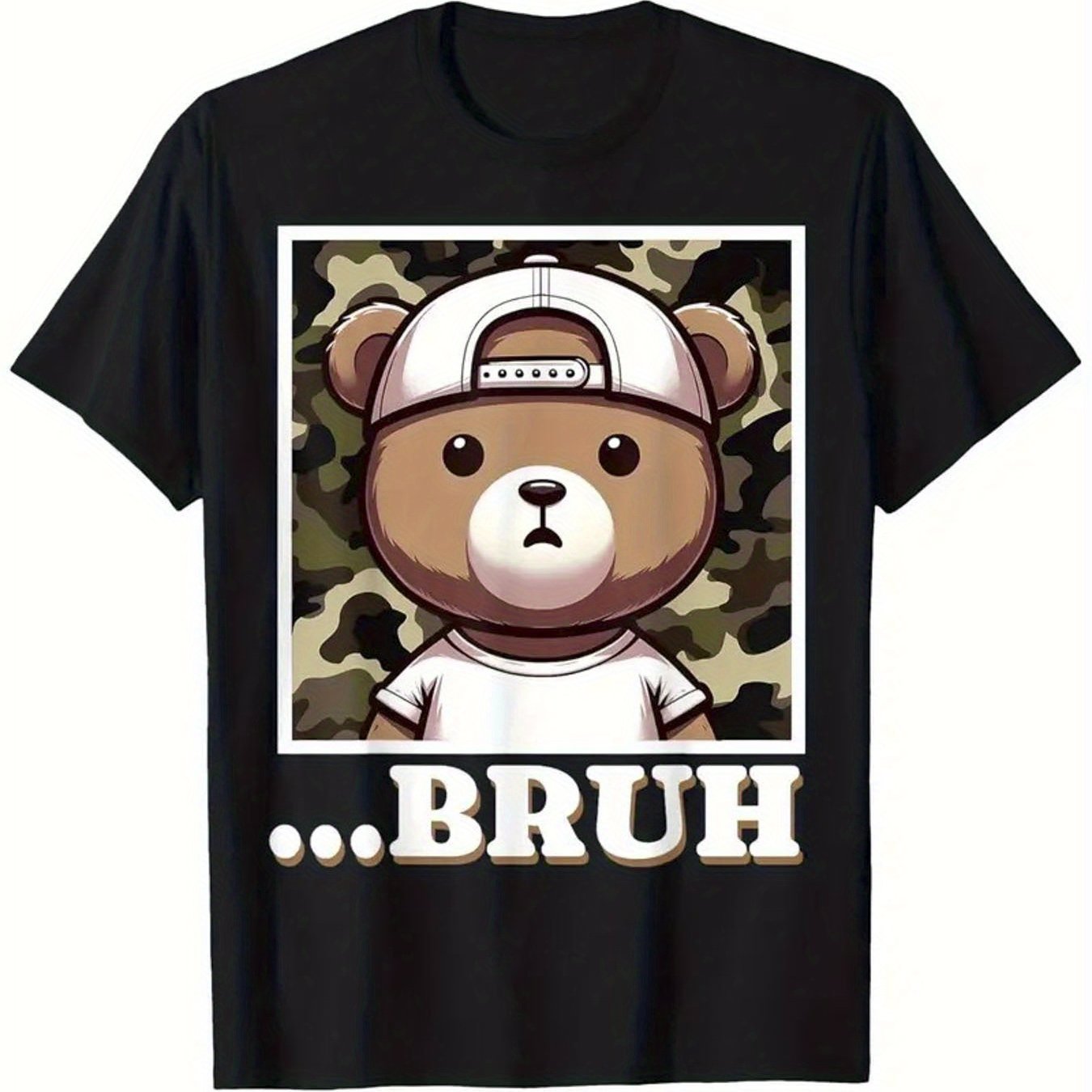 Camo Bruh Meme Hip Hop Teddy Bear Fun Teen, Men'S Black Casual Comfortable T-shirt, Summer, 100% Cotton
