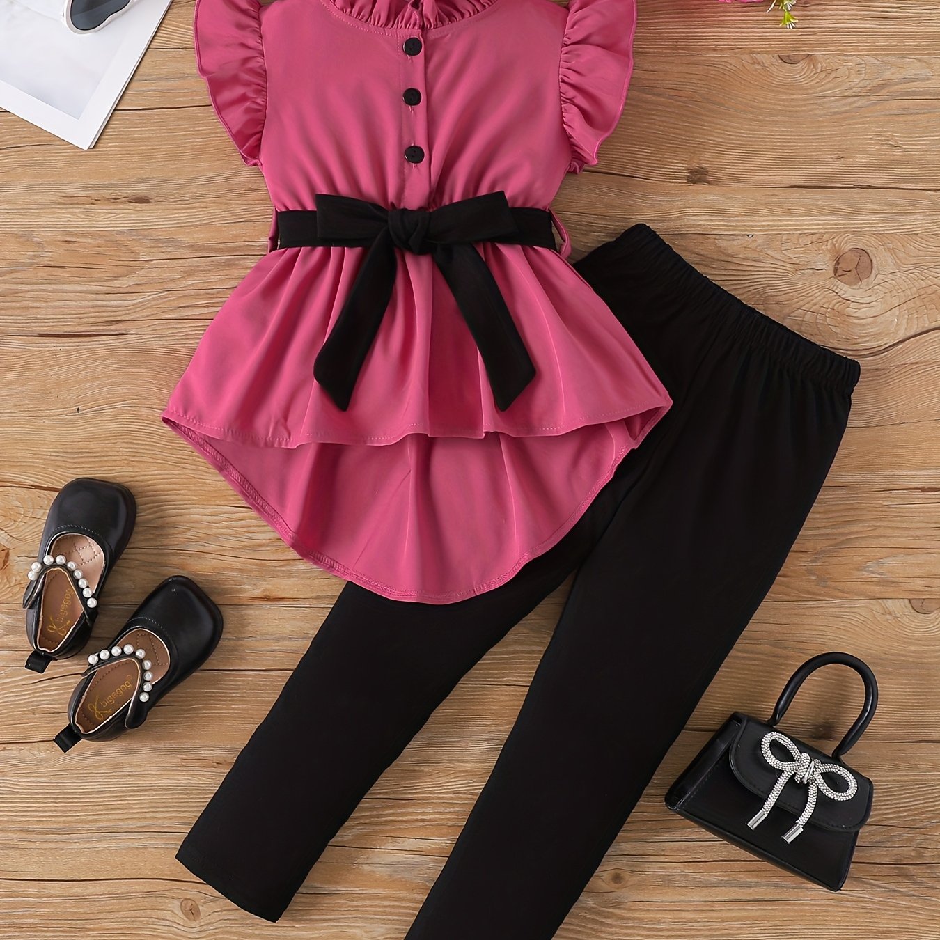 Outdoor Two-Piece Set for Girls, Fashionable Spring/Summer Contrast Belt Flutter Sleeve Half Cardigan with Tie-Waist and Peplum Backless Top + Long Pants, Perfect for Outdoor