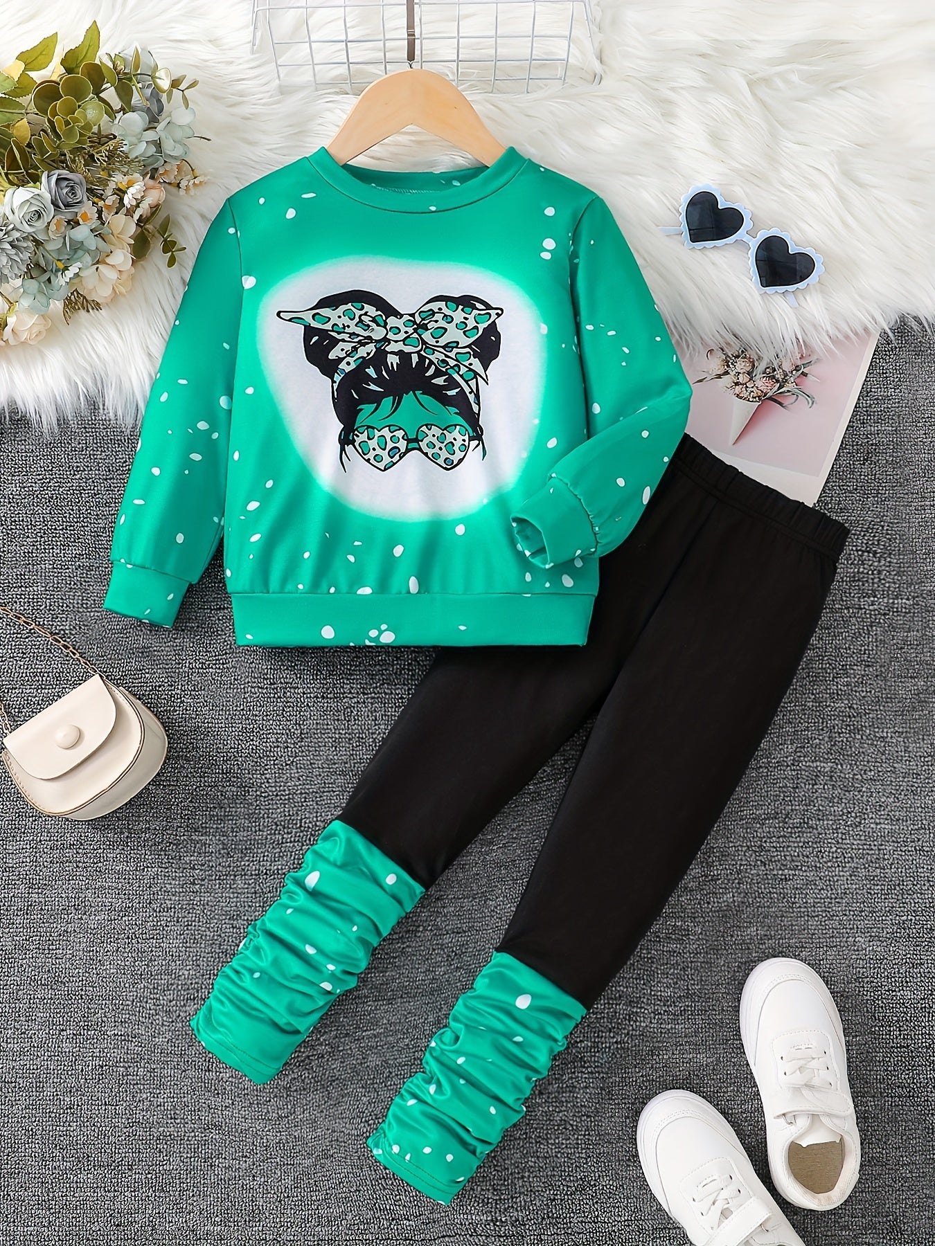2pcs, Girl's Comfy Soft Long Sleeves Cartoon Girl with Fashion Glasses Graphic Print Sweatshirt & Long Pants Co Ord Set for Outdoors, Fall & Winter Best Choice, As Gifts, Ribbed Cuffs, Elastic Waist, Street Fashion, Perfect f