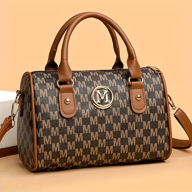 1pc New Single Shoulder Bag With "M" Logo Patch, With Removable Shoulder Strap, Boston Crossbody Bag, Unisex, Can Used As A Handbag, Phone Bag, Suitable For Gifts, Daily Travel, Shopping, Commuting.