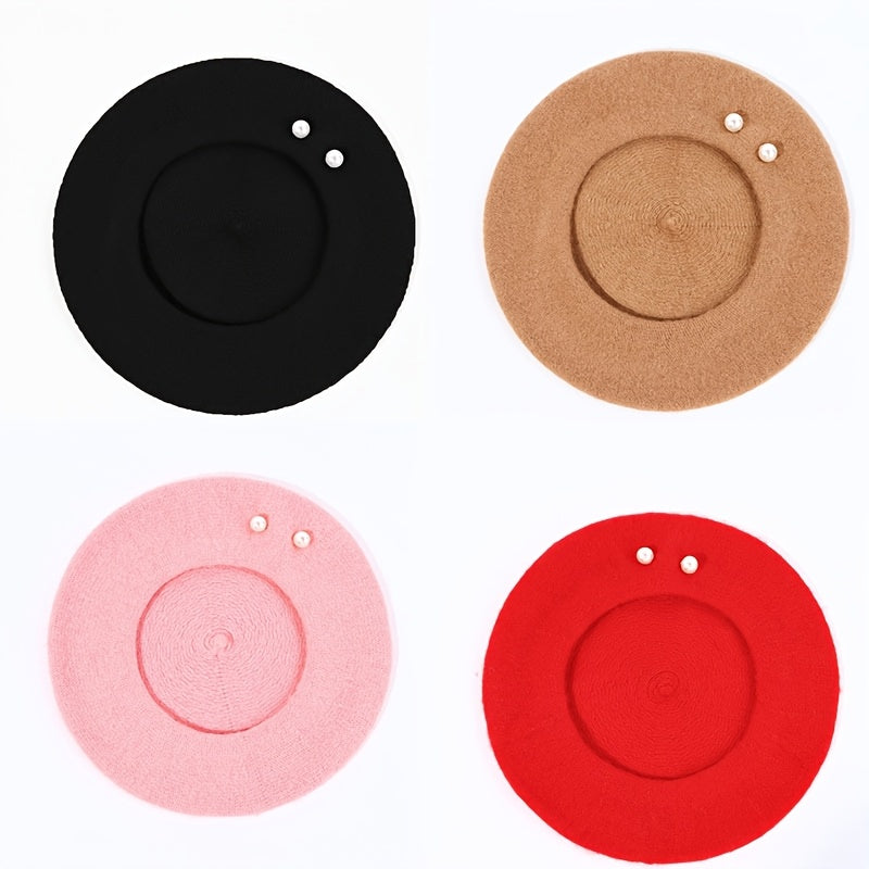 1pc Women's Polyester Beret with Artificial Pearl Accents - Elastic Fit, Lightweight Knitted Painter Hat for Valentine's Day, Versatile Daily Wear Accessory, Commuting Accessory | Artificial Pearl Detail | Polyester Fiber Hat
