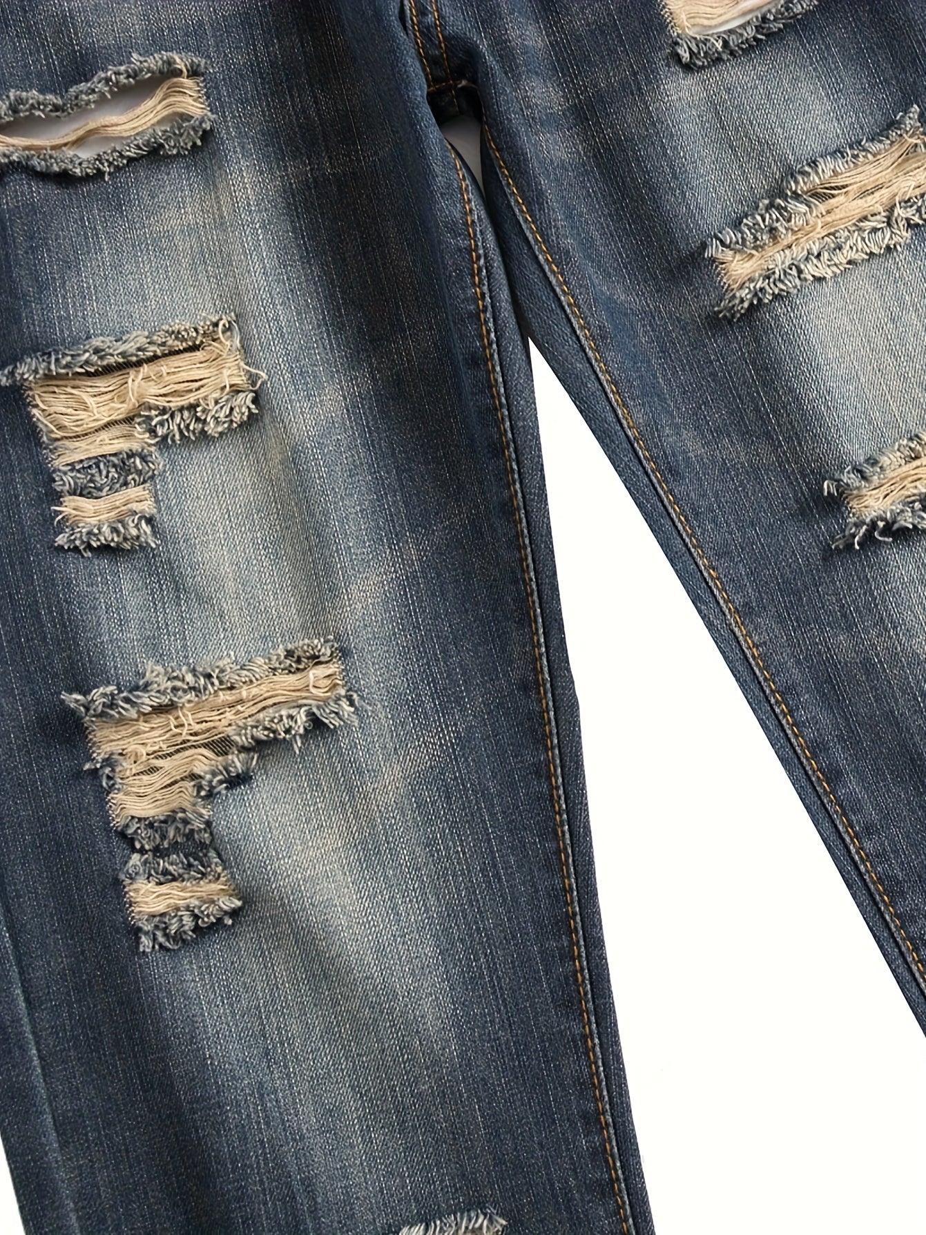 [Dark Blue Slim Fit Jeans] Dark Blue Slim Fit Ripped Straight Leg Jeans - Men's Casual