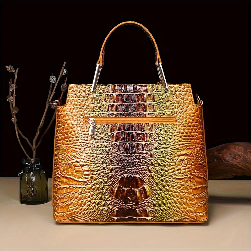 2pcs Crocodile Print Handbag Set - Fashionable Vintage Style, Multi-Functional Top Handle Crossbody, Business Clutch & Coin Purse - Spacious, Secure, Ideal for Everyday Chic