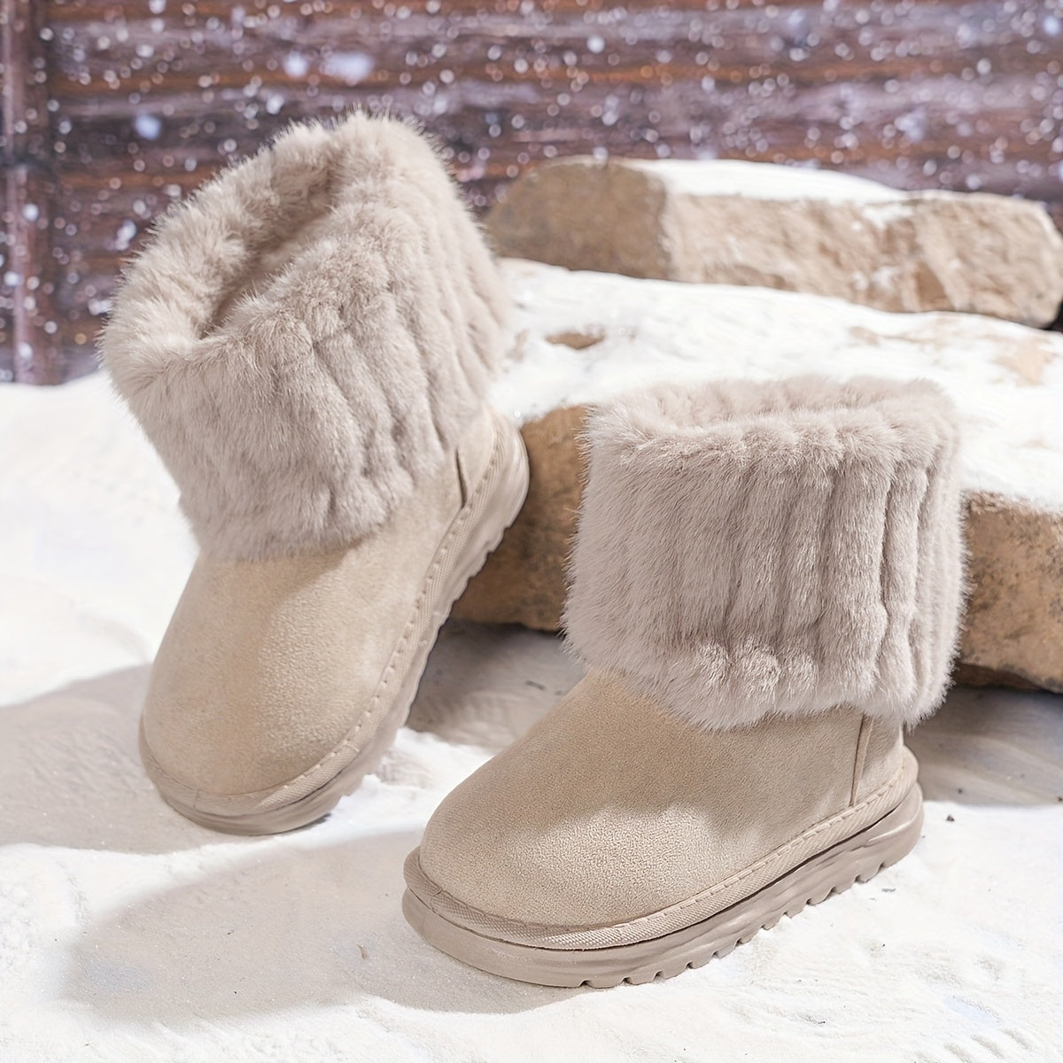 Girls' Winter Warm Slip-Resistant Mid-Calf Boots With Thick Rubber Sole & Plush Collar - Beige Round Toe Snow Boots With Heart Cutouts, Soft Fabric Upper For Outdoor Play, Casual Casual Attire Beige, Pink, Blue, Black - Cozy