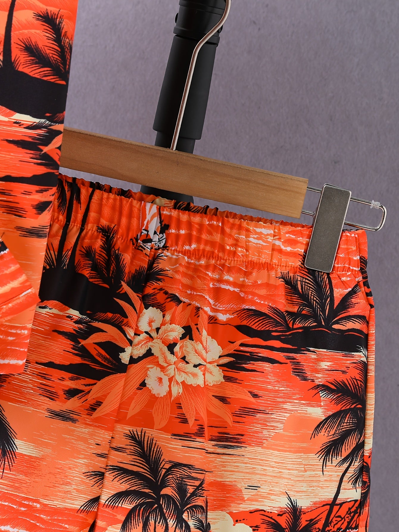 2-Pack (Set) Boys Sunset Coconut Tree Pattern Print Short Sleeve Lapel Shirt And Shorts Set, Comfortable Summer Boys Daily And Outdoor Wear, for Outdoor