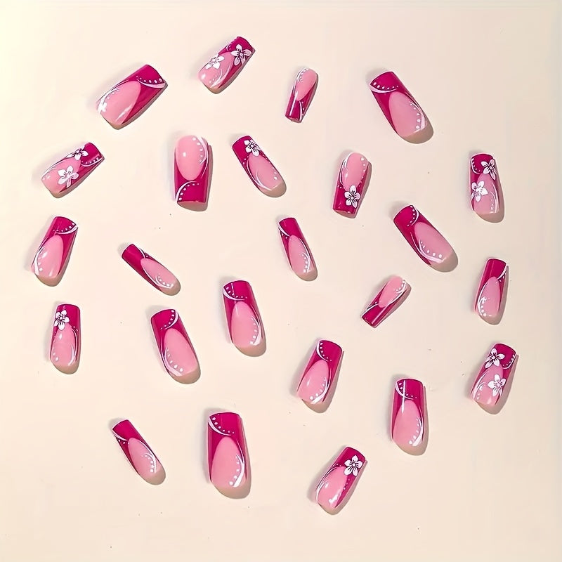 24pcs Rose Red Medium Square Press-On Nails with French Tips and Floral Design, Includes Jelly Glue and Nail File, for Women and Holiday and Daily Wear