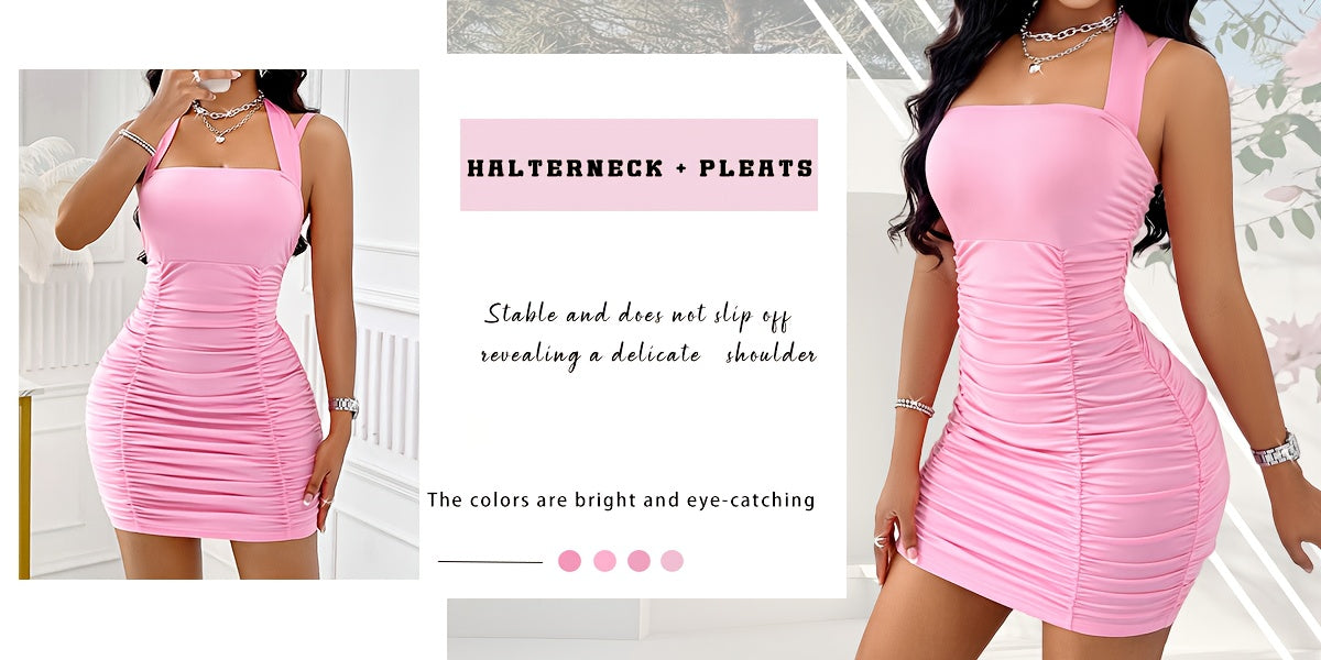 Elegant Women's Pink Halter Neck Ruched Bodycon Dress - Sexy Backless Design, Polyester And Elastane Blend, Perfect for Spring/Summer/Fall Events, Party Wear DressRuched ElegantShiny Texture
