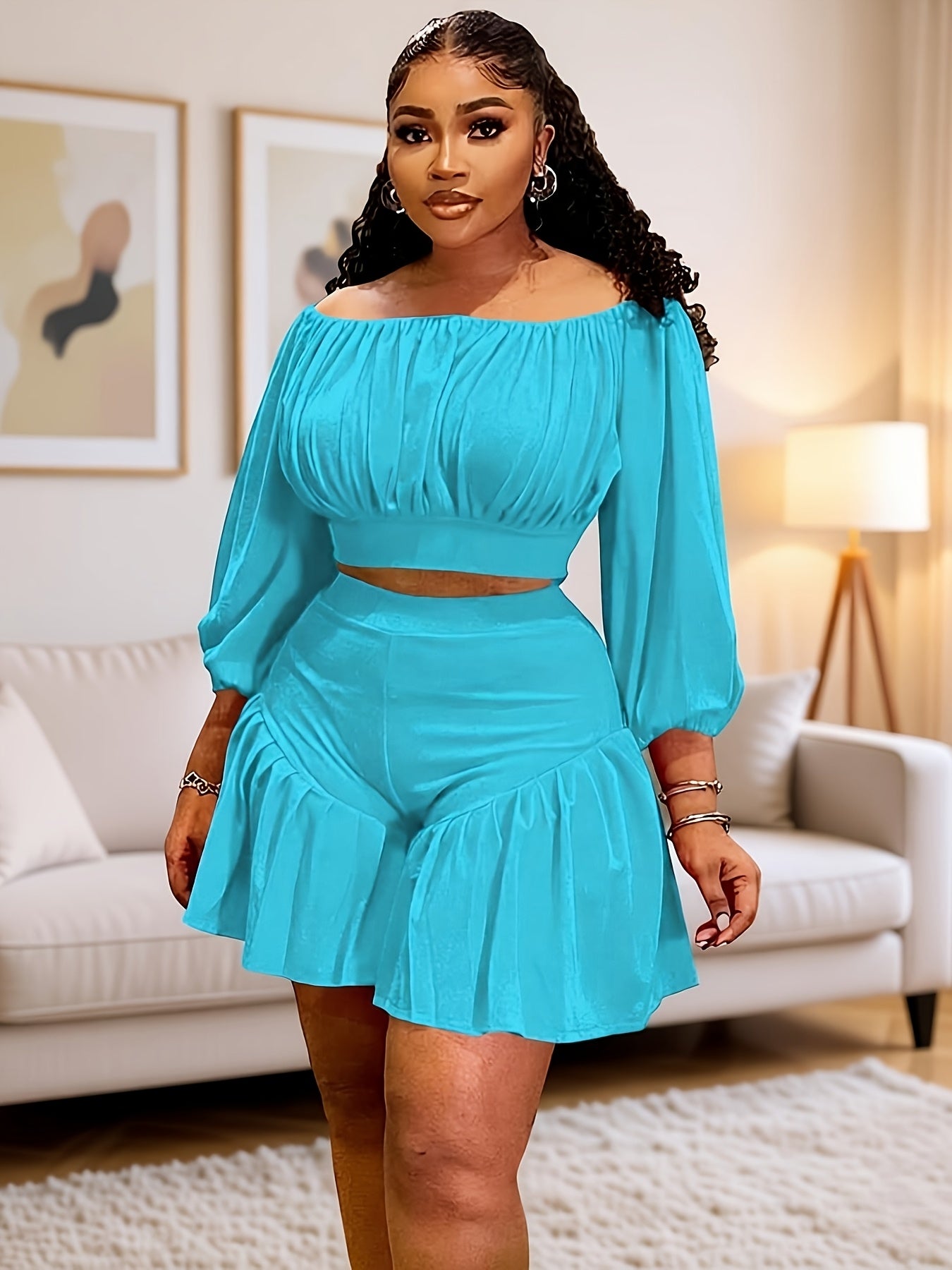 Plus Size - Plus Size - New Fluffy Waist-Cinching Casual Two-Piece Set with Pleated One Neck Design