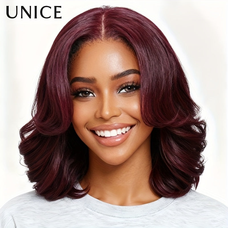 Unice Burgundy 100% Human Hair Layered Glueless Bob Wig with Curtain Bangs - Soft & Silky Shoulder Length, 150% Density, Natural Brown Base & Burgundy Highlights, No Glue Needed, Comfortable & Easy Maintenance, Unisex for Men