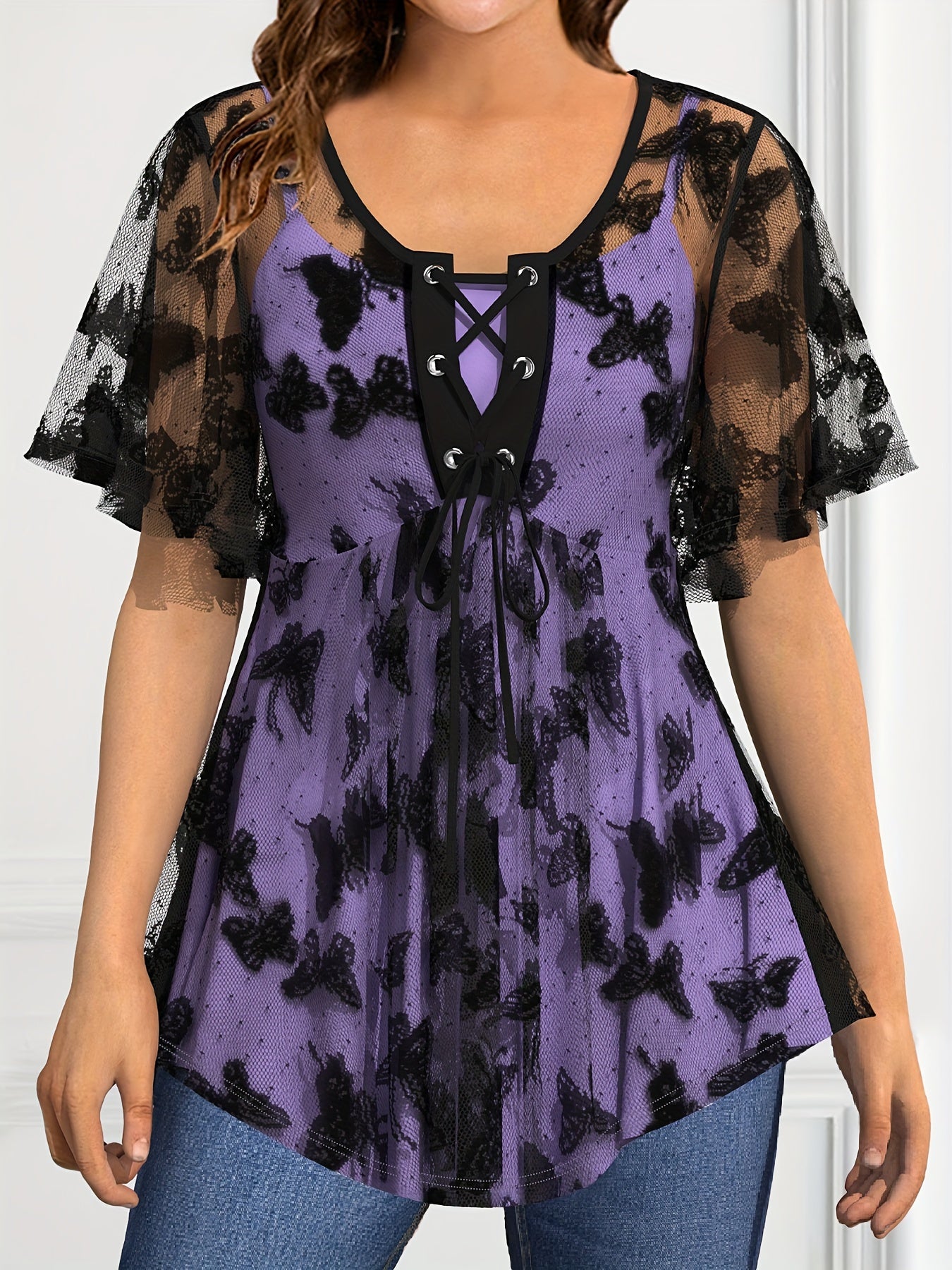 Plus Size Elegant Lace Up Butterfly Pattern Short Sleeve Top, Women's Clothing
