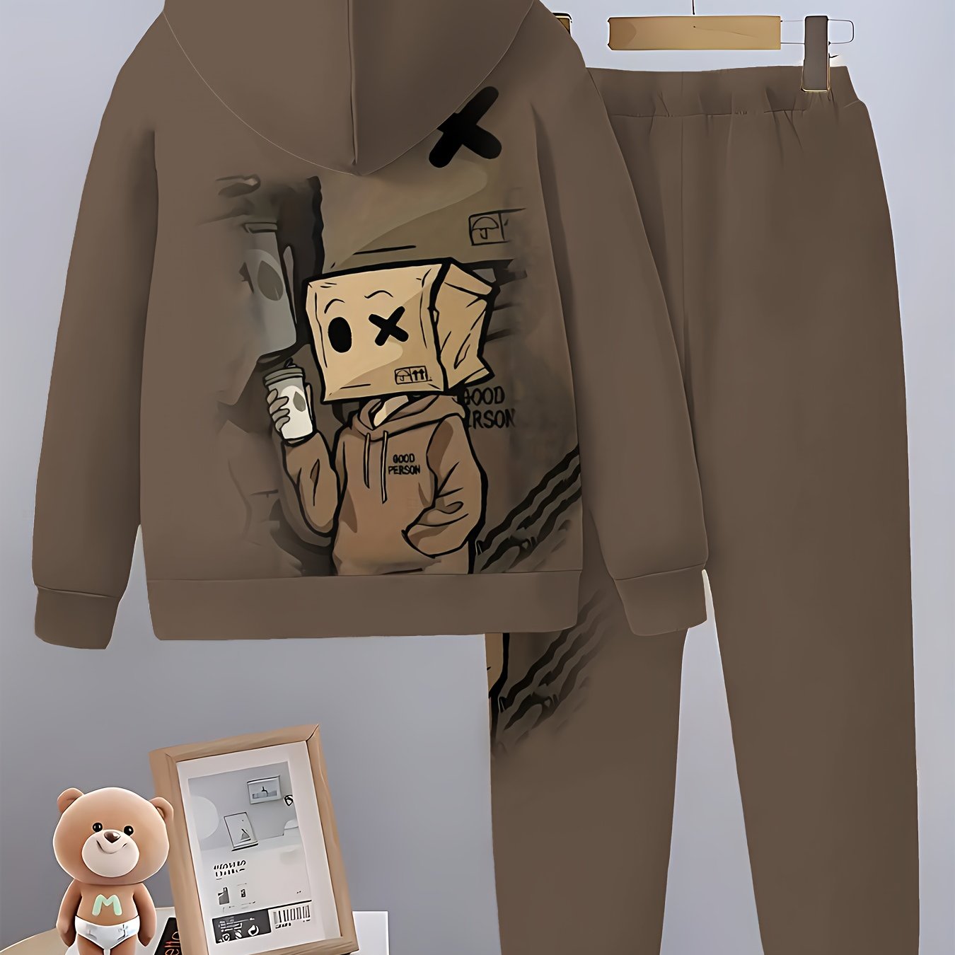 [3D Print Boys' Set] 3D Print Boys' Hoodie & Sweatpants Set - Brown Casual Sportswear with "Good Boy" Graphic, Long Sleeve Pullover & Joggers, Regular Fit, Fall/Winter Outdoor Outfit