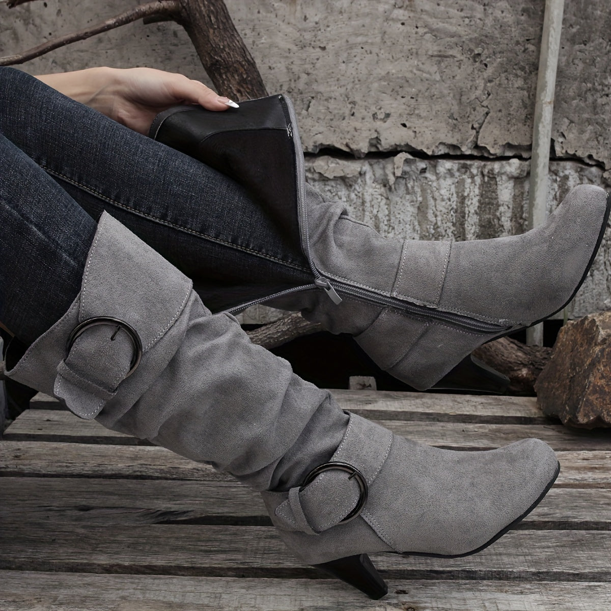 [Versatile Round Toe Boots] Versatile Round Toe Mid Calf Boots - Solid Color Chunky Heel Non-slip Outdoor Shoes - Women's