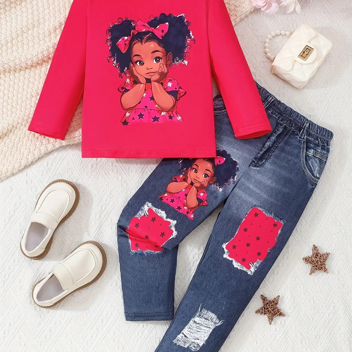 2pcs Girls' Cute Doll Print & Faux Denim Overalls Set - White Smock Dress + Blue Jeans-Like Leggings with Doll Face Print (Eyes/Nose/Mouth), Machine Washable Spring/Fall Outfit for Party, Everyday Play & Dress-Up , Perfect fo