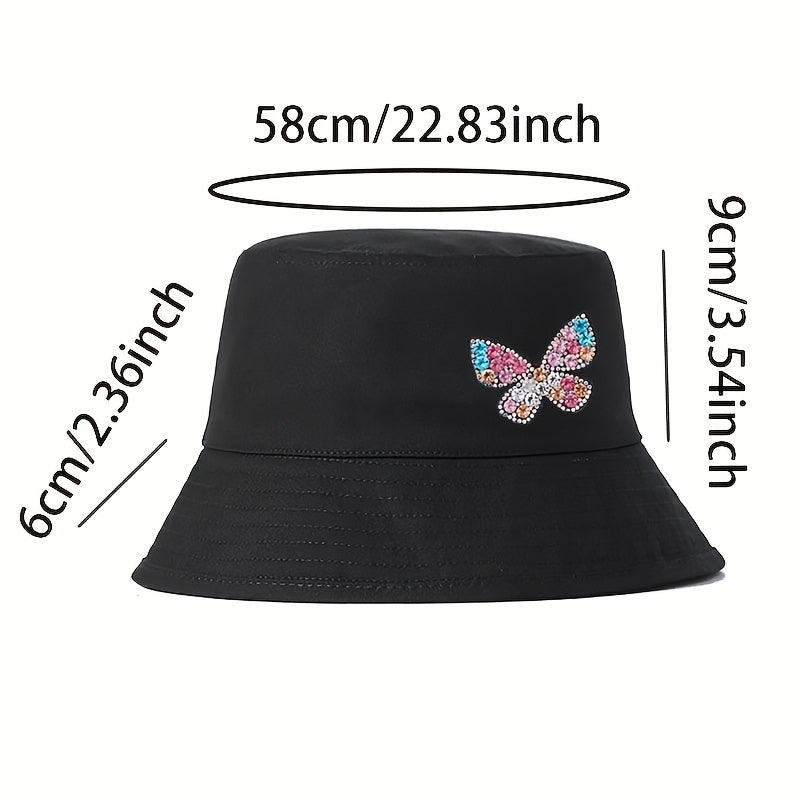 A Stylish And Versatile Bucket Hat Adorned with Rhinestone Butterflies, Lightweight And Washable - Perfect for Outdoor Female Travel, Everyday Wear, And Street Style