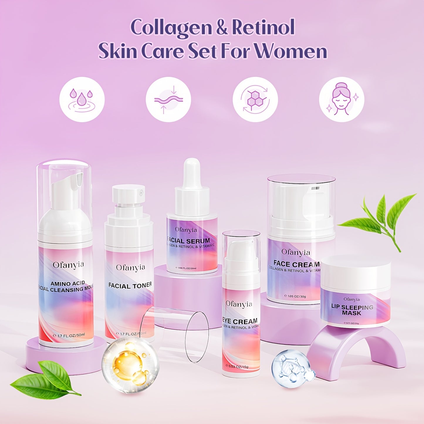 [Complete Skin Care Gift Set] Skin Care Set, Collagen Retinol Skin Care Sets And Kits With Facial Cleanser, Toner, Serum, Cream, Eye Cream & Lip Mask, Travel Skin Care Christmas Gifts For Women