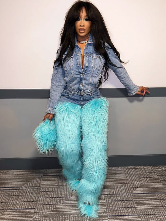 Women'S High-Waisted Wide-Leg Jeans with Faux Fur Trim & Washed Denim - Elastic Waist Casual Pants, Light Distressed Hem, Non-Stretch Durable Fabric for Spring/Fall Outfits, Everyday to Semi-Formal Wear (No Belt Loops) - Vers