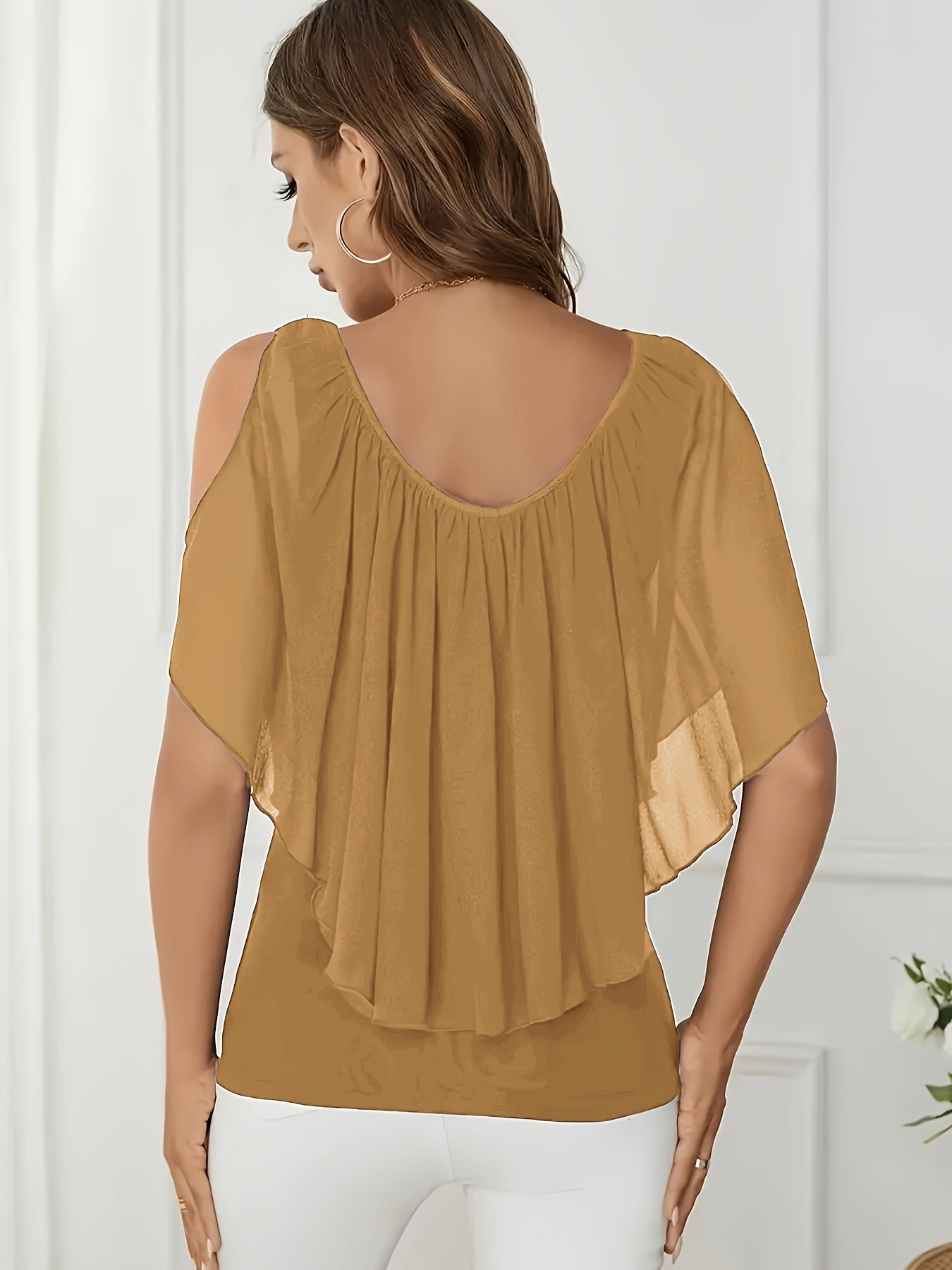 Plus Size - New Spring And Summer Plus-Size Women'S Solid Color Asymmetrical Hem Off-Shoulder Ruffled Chiffon Blouse
