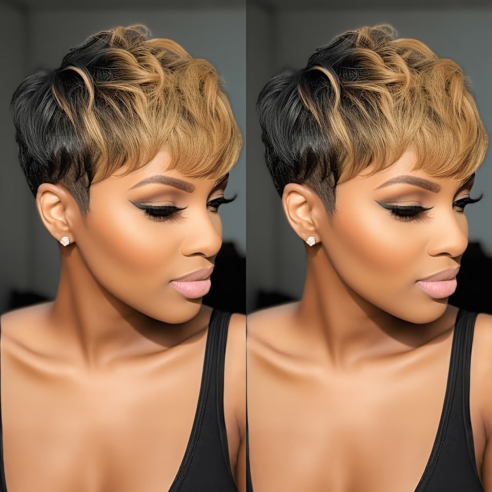 OPQHAIR  Layered Short Straight Pixie Wig for Women Featuring Bangs, Made from 1B/30# Blonde Remy Peruvian Hair.