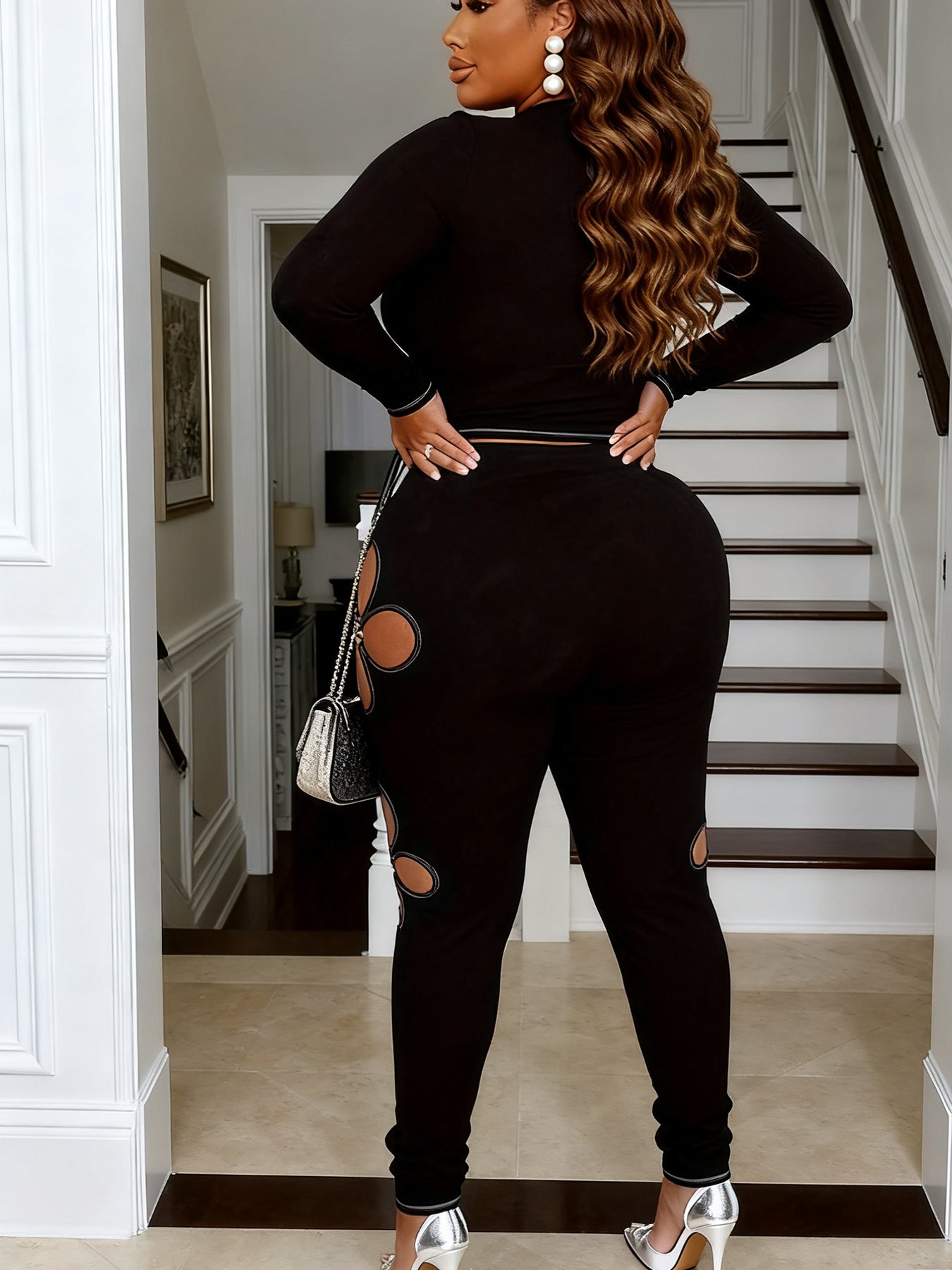 Plus Size, Plus Size Dark Y2K Outfit, Hollow Out Crop Top with Metal Details& High Waist Pants, Gothic Clubwear Set, Edgy Street Fashion