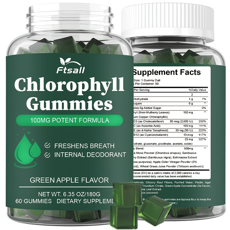 Ftsall Chlorophyll Gummies with Vitamin C, D3, E, B12, Zinc and lrish Sea Moss, Sambucus Elderberry, Echinacea, Apple Cider Vinegar, Freshens Breath Natural Body Deodorizing Supplement, Chlorophyll Herbal Gummies for Women Me