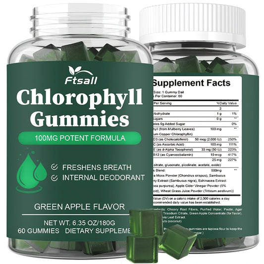 Ftsall Chlorophyll Gummies with Vitamin C, D3, E, B12, Zinc and lrish Sea Moss, Sambucus Elderberry, Echinacea, Apple Cider Vinegar, Freshens Breath Natural Body Deodorizing Supplement, Chlorophyll Herbal Gummies for Women Me