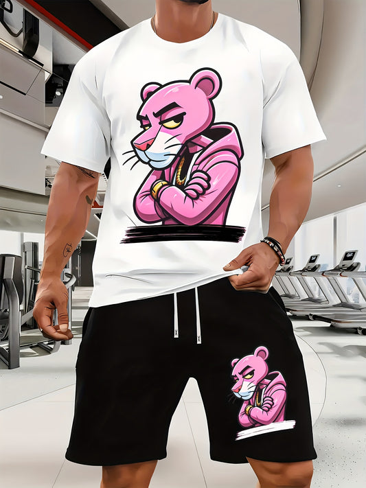 Men'S Short-Sleeved T-Shirt And Waist-Tightening Shorts Set with Trendy Pink Leopard Image Print, Casual Sports Regular Top And Pants Suit, Suitable for Spring And Summer Matching