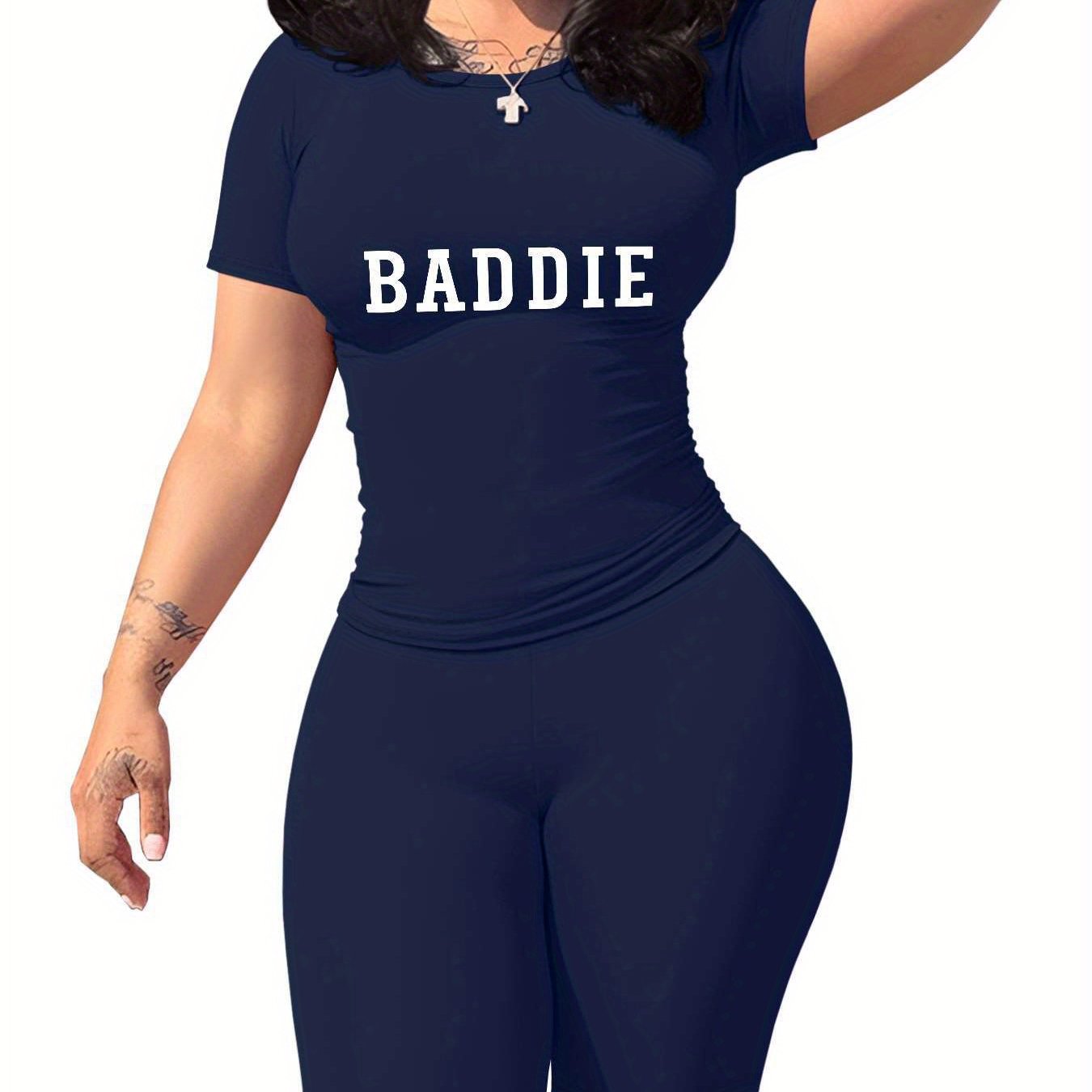 Baddie Women'S SlimFit TShirt and Shorts Set, Premium Baddie Lettering Print, Durable Baddie Graphic Design, Casual Baddie Style Fashion with Soft Fabric, Comfortable and LongLasting Baddie Trend., Allseason Apparel, Trendy O
