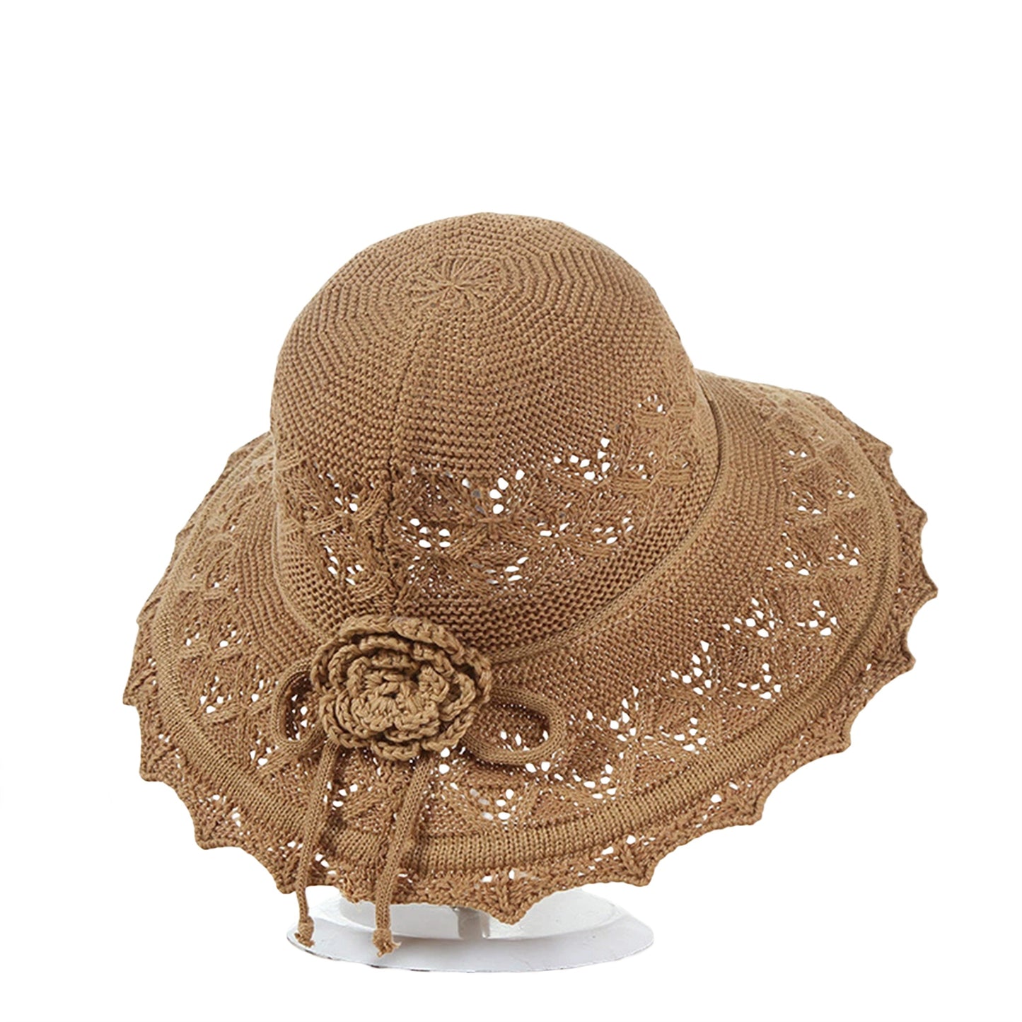 MONYPLAY Women's Summer Crochet Straw-Style Acrylic Sun Hat - Wide Brim Lightweight Floppy Beach Hat with Floral Embellishments, Machine Washable for Outdoor, Garden & Picnic