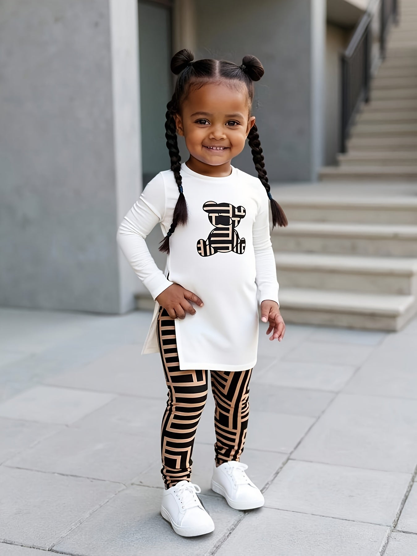 2pcs Winter Outfit Set - Oversized White Smock Dress-like Long Sleeve T-Shirt & Wide-Leg Pants with Matching White & Black Stripes, Soft Stretchy Polyester, Warm Fall/Winter Outfit (0-12 Months), Perfect for Outdoor