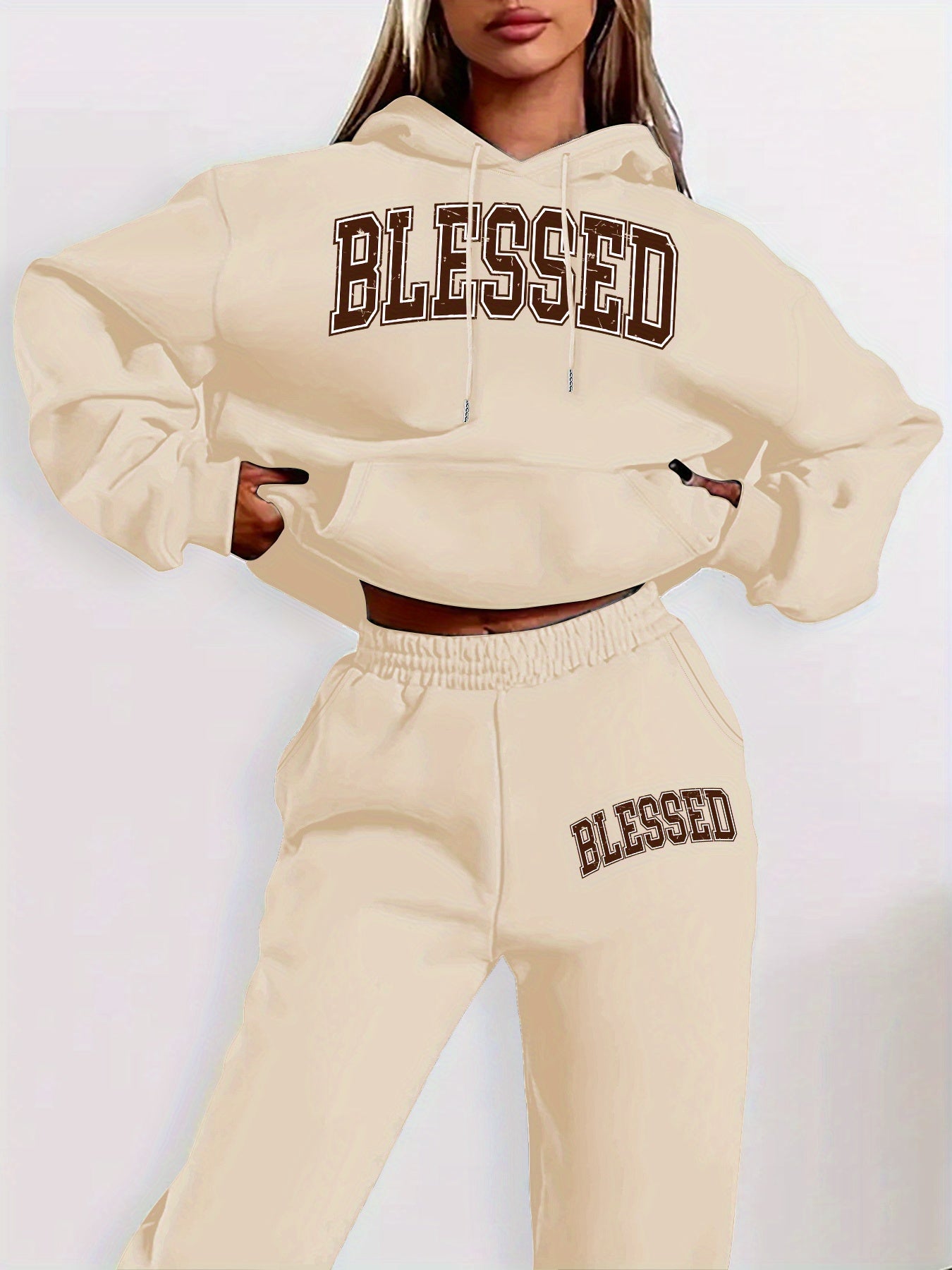 Women'S Casual Two-Piece Set - "Blessed" Print Hoodie & Sweatpants, Cozy Fall/Winter Outfit with Drawstring Waist, Long Sleeve Pullover & Joggers, Casual Wear, |casual Style|drawstring Waistband, Sweater Set
