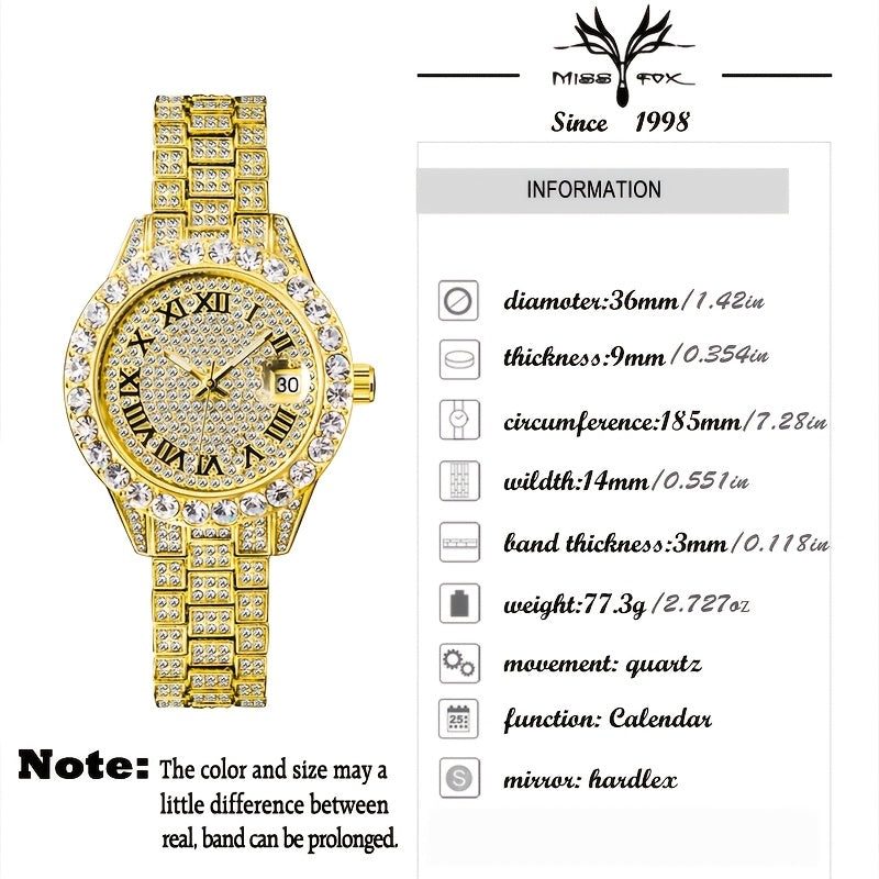 MISSFOX Elegant Quartz Watch for Women - Luminous, Round Alloy Case, Hip-Hop Iced-Out Design with Sparkling Crystals, Perfect for Casual or Formal Wear, Ladies Watches