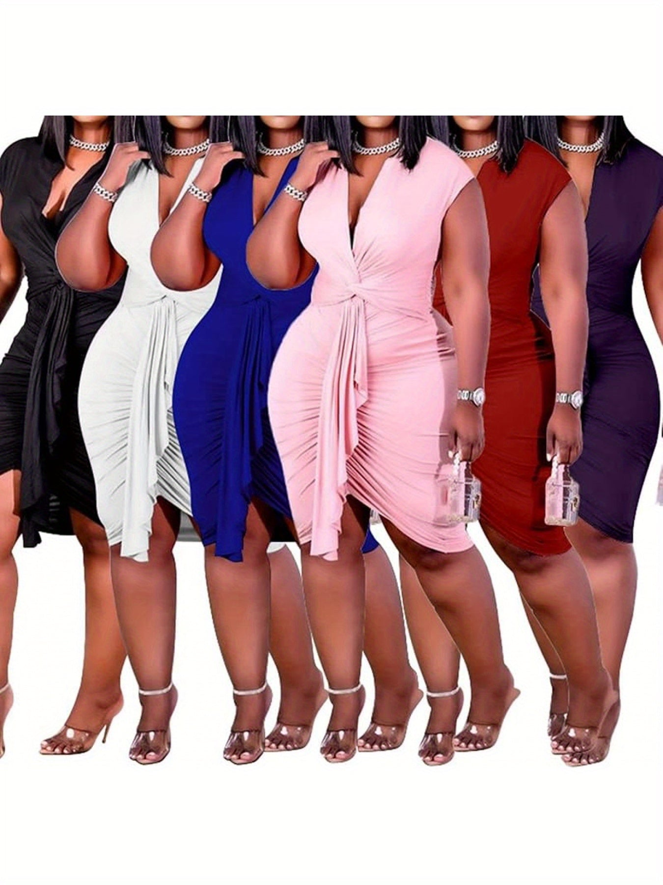 Plus Size Women's Bodycon Mini Dress - Sleeveless V-Neck Ruched Waist with Adjustable Drawstring, Stretchy Polyester-Spandex Blend, Sexy Elegant Clubwear for Parties & Night Out, White/Pink/Black Colors, Special Occasion Wear
