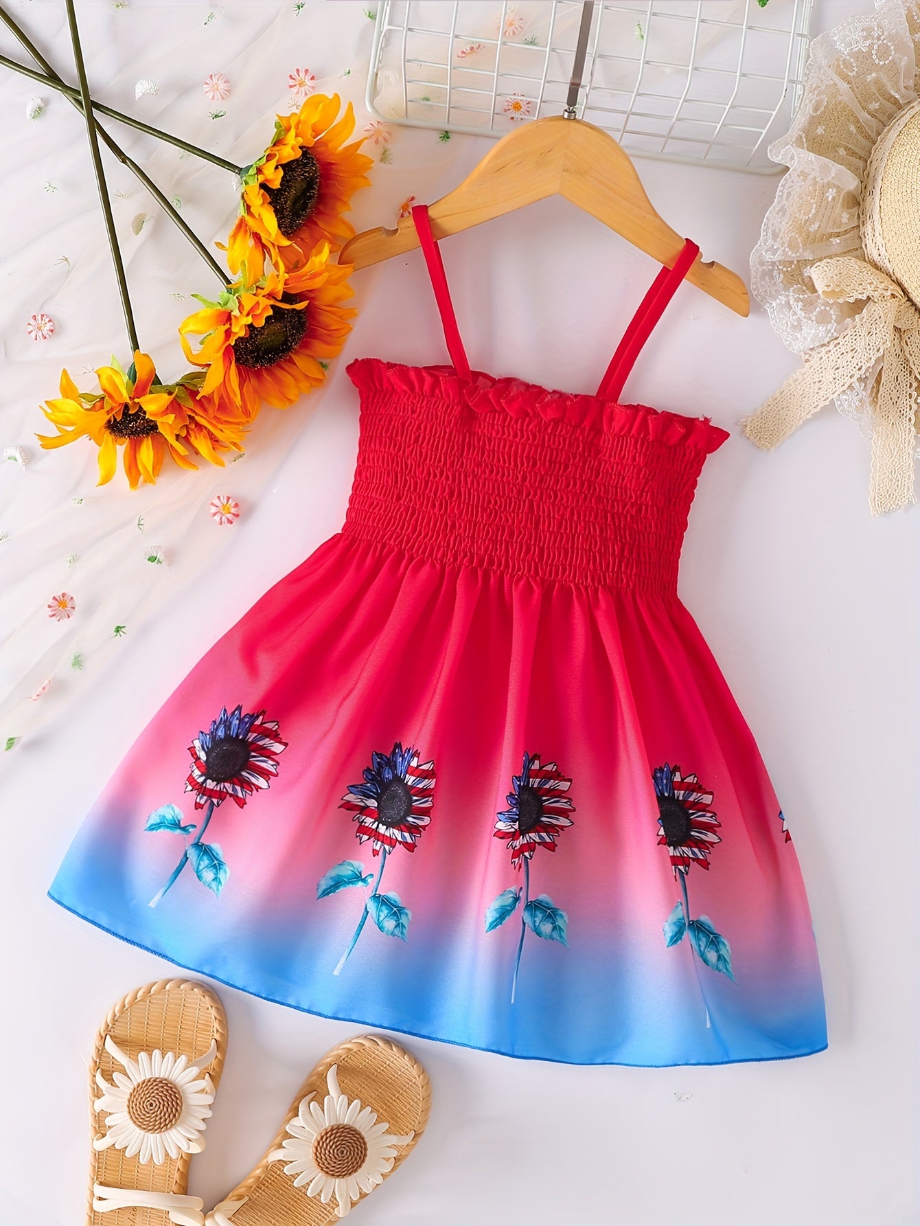 [Sunflower | Girls] Gradient Color Sunflower Princess Dress | Toddler Girls Shirred Cami Frill Trim | For Party Beach Vacation Kids Summer Clothes 4th Of July Outfit