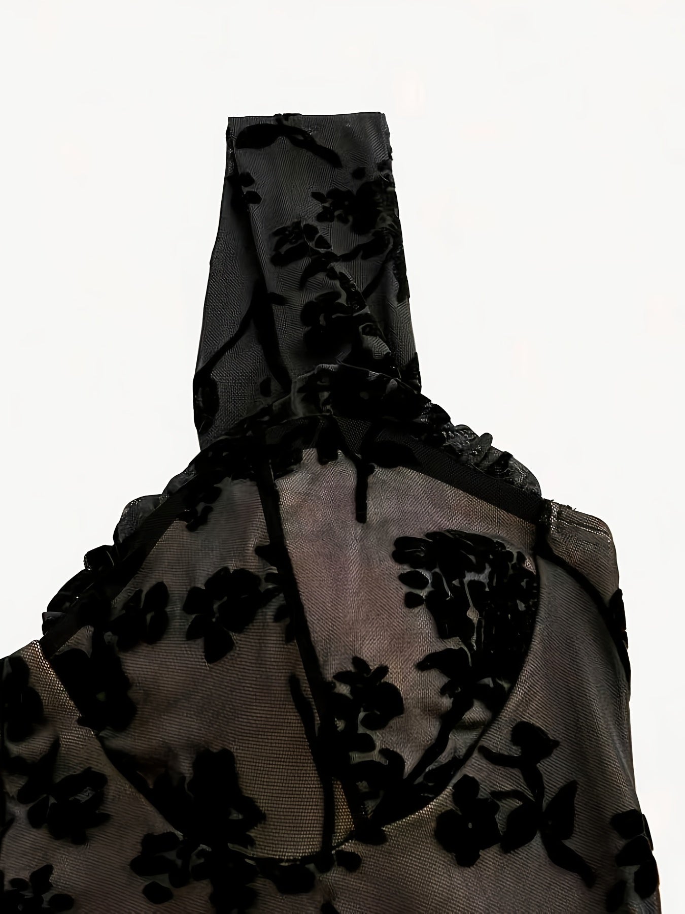 Plus Size - Plus Size Elegant Floral Velvet Mesh Slit Dress for Women, Black Back-To- Dress