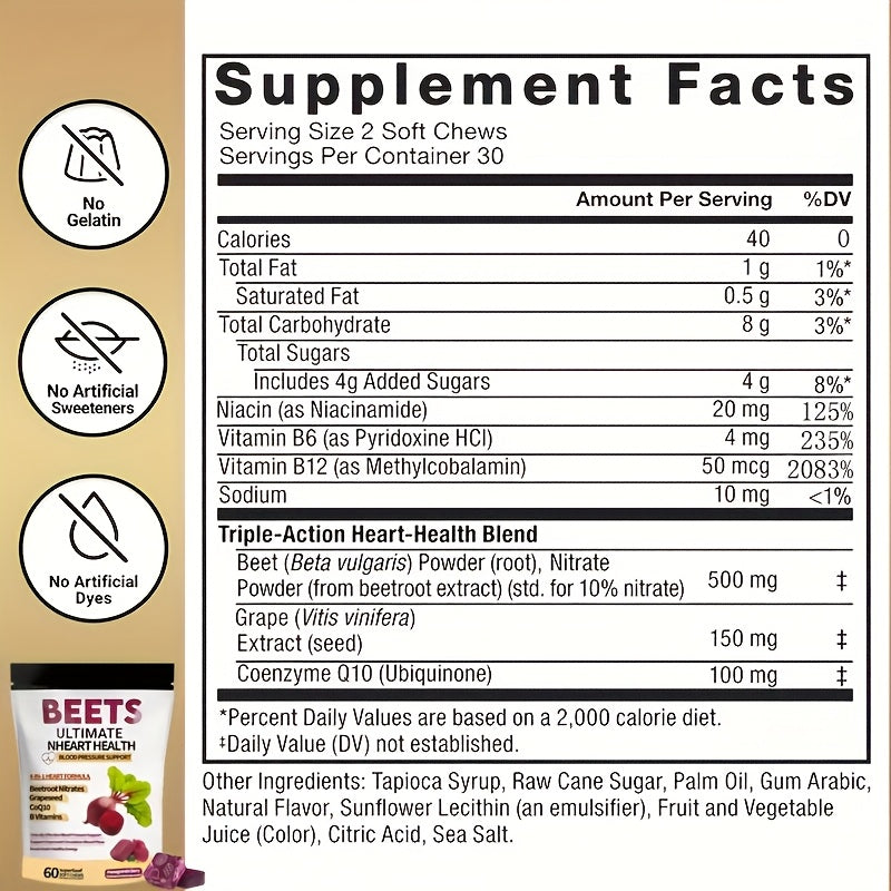 1/2pcs 4-in-1 Super Beetroot Gummies with CoQ10, Beetroot & Grapeseed - Blood Pressure & Heart Health Support, 60 Chewable Vitamins for Circulation, Blood Flow & Endothelial Function, Natural Fruit Flavor, One Month Supply (M