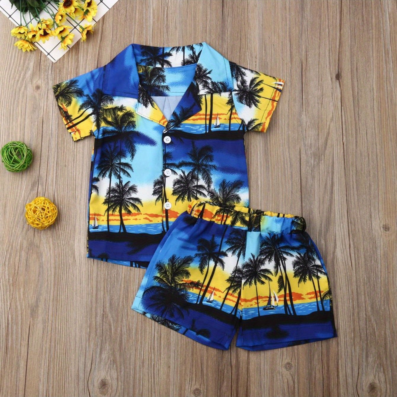 Toddler Baby Boys 2pcs SummerOutfits Tree Print Button Shirt Short Sleeve Tops + Elastic Waist Short Pants Set Vocation Holiday Beach Clothes, for Outdoor