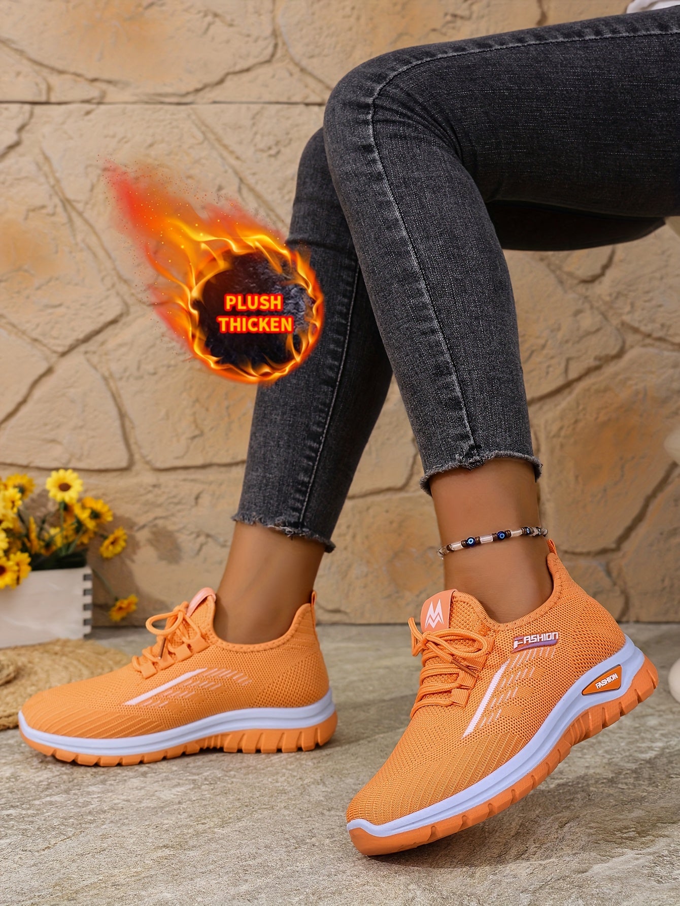 [Autumn And Winter ]Orange Fleece-Lined Warm Shoes, Thickened Cushioning Shoes Exclusive for Winter, Orange And Purple Spliced Lace-Up Trendy Warm Sports Shoes, White Casual Shoes, Shoes For Women/elegant Shoes For Women, Sea