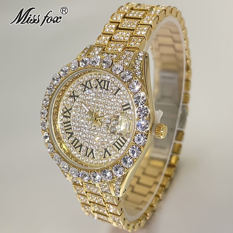 MISSFOX Elegant Quartz Watch for Women - Luminous, Round Alloy Case, Hip-Hop Iced-Out Design with Sparkling Crystals, Perfect for Casual or Formal Wear, Ladies Watches