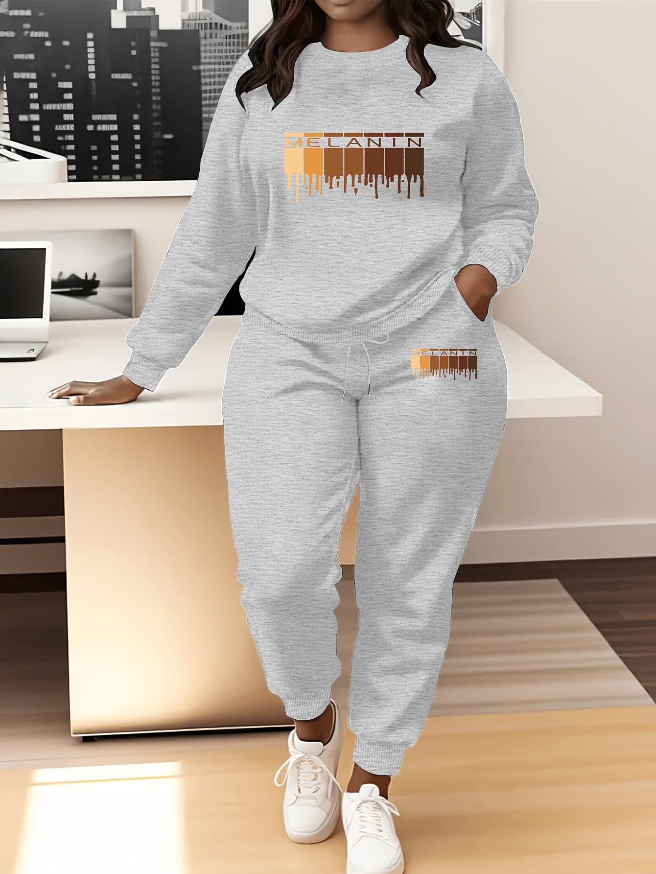 Women'S Plus Size Oversized Hoodie & Jogger Pants Set - Cozy Winter Warmth, Soft Round Neck Sweatsuit with Geometric Print, Full-Zip Hooded Jacket & Matching Pants, Casual Lounge Wear, Plus Size Friendly Comfortable Outfit fo