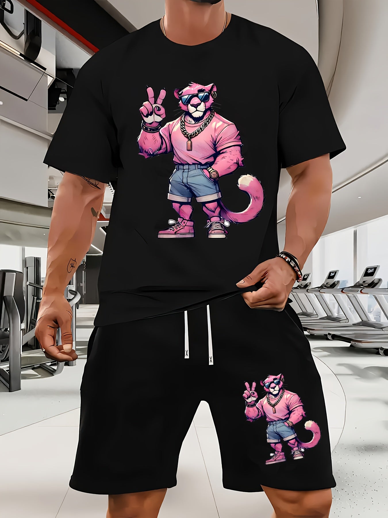 A Casual Sports Set Consisting of a Short-Sleeve T-Shirt Featuring a Stylish Pink Panther Cartoon Print And Fitted Shorts, Perfect for Spring And Summer Outfits.