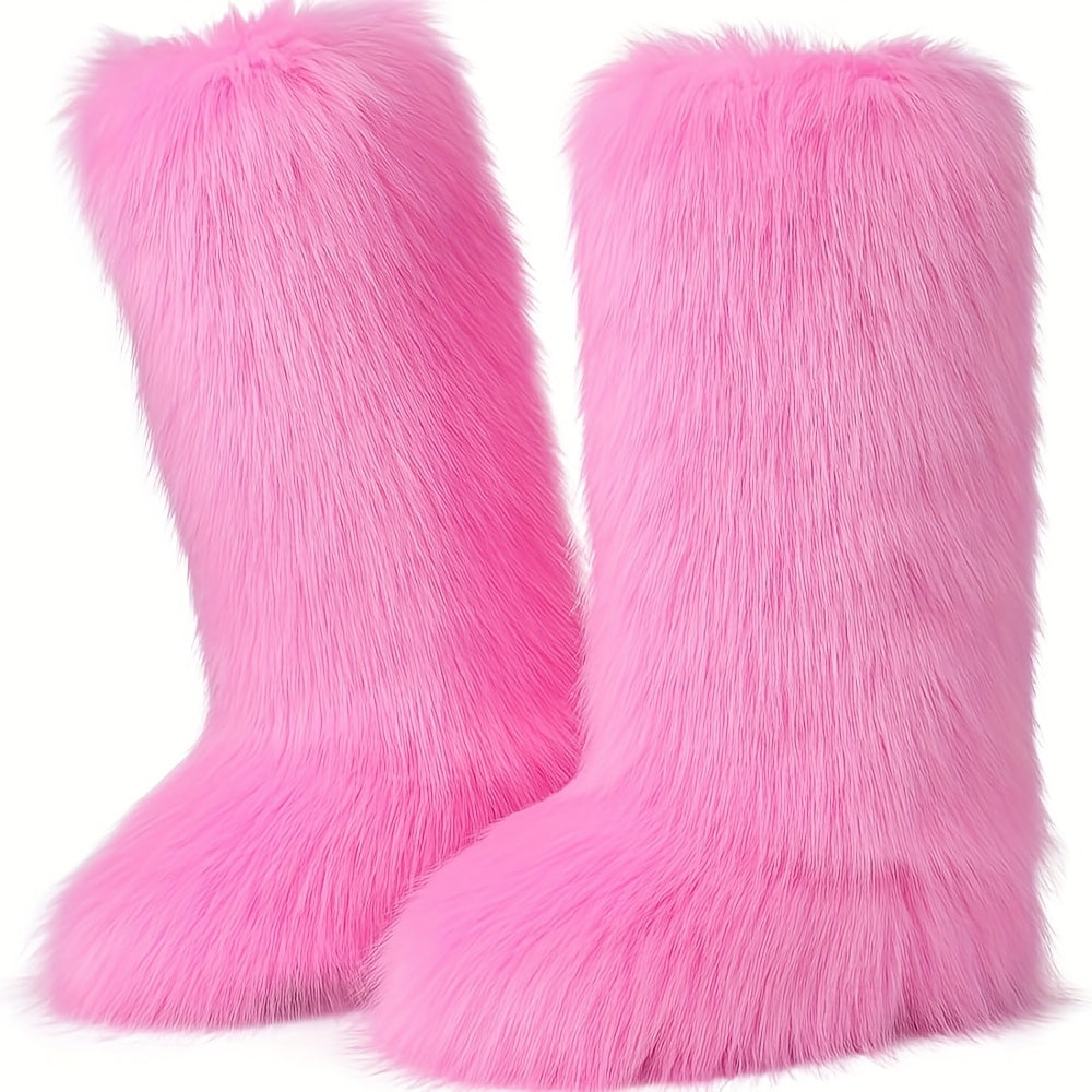 [Warm Furry Winter Boots] AMINUGAL Women's Warm Furry Winter Boots - Slip-On Mid-Calf Boots with Thick Cushioned Sole, PU Lining & Round Toe for Cold Weather Comfort | Black Casual Party Boots, Winter Footwear, Fluffy Boot De