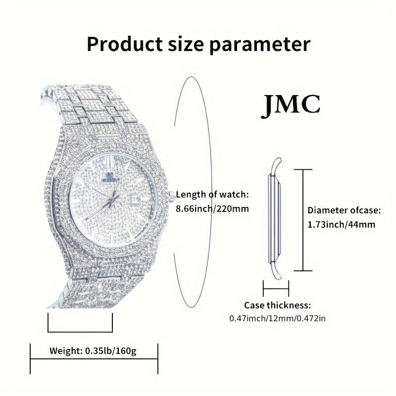 Luxury Hip Hop Bling Watch West Coast Style Rhinestone Wristwatch, High-End Glow-in-the-Dark Timepiece for Rappers, Christmas Valentine's Thanksgiving Gifts
