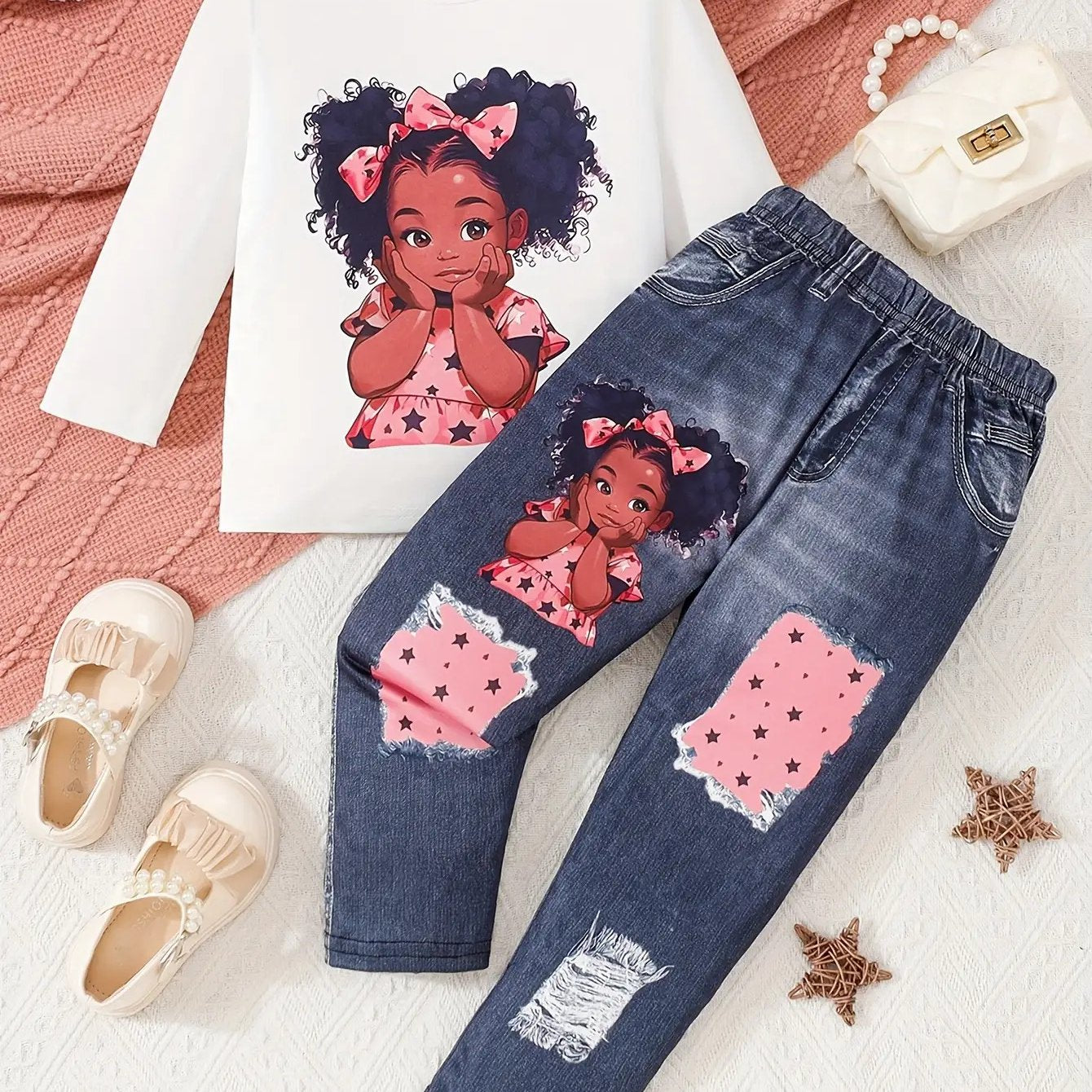 2pcs Girls' Cute Doll Print & Faux Denim Overalls Set - White Smock Dress + Blue Jeans-Like Leggings with Doll Face Print (Eyes/Nose/Mouth), Machine Washable Spring/Fall Outfit for Party, Everyday Play & Dress-Up , Perfect fo
