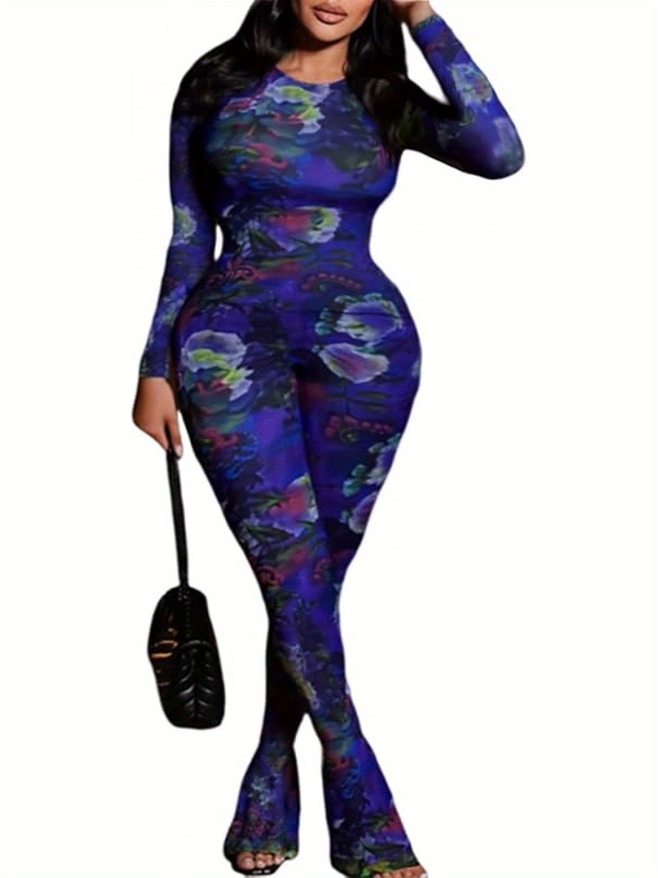Women Two Piece Set Floral Print See-Through Mesh Long Sleeve Round Neck Top and Pants Set Long Sleeve Round Neck Cropped Top and High Waist Flared Pants Set Y2K Style Suitable for Leisure, Party, Festival