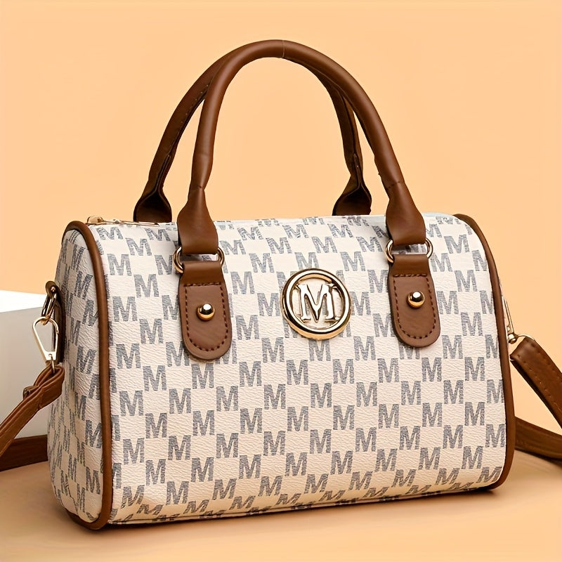 1pc New Single Shoulder Bag With "M" Logo Patch, With Removable Shoulder Strap, Boston Crossbody Bag, Unisex, Can Used As A Handbag, Phone Bag, Suitable For Gifts, Daily Travel, Shopping, Commuting.