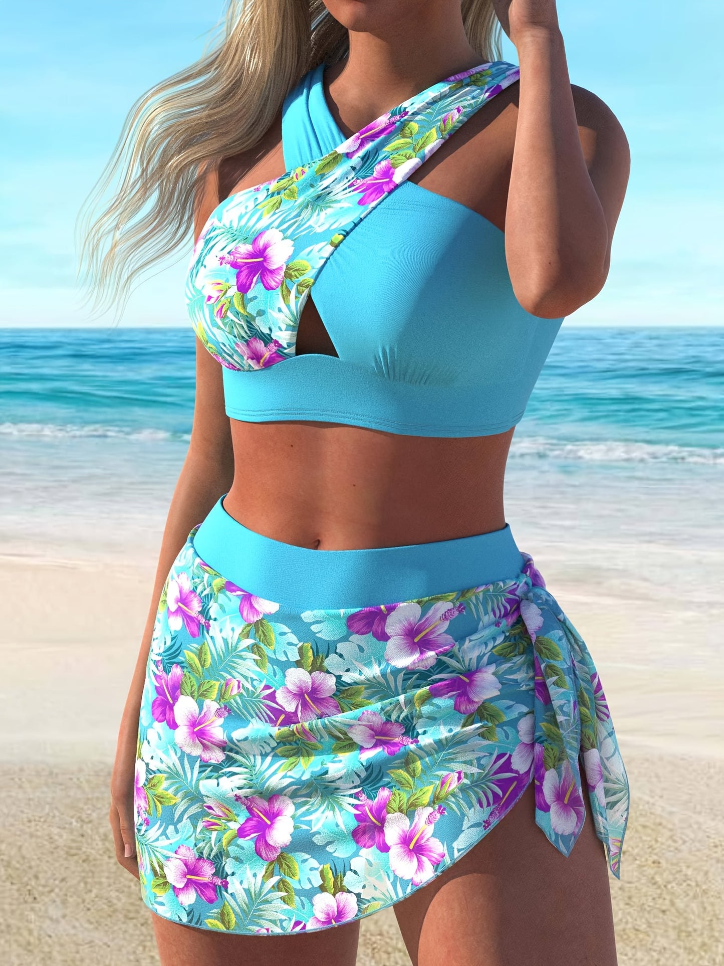 Fashionable Women's Blue Flower Bikini Swimsuit Set, Beach Outfit, Poolside Fashion, Trendy Swimwear, Stylish Bikini, Stretchy Fabric, Soft Material, Bikini Top And Bottom, Matching Swimsuit, Summer Vacation, Beach Lovers