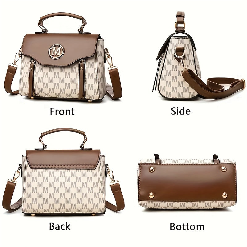 Vintage Geometric Women's Handbag - Large Capacity PU Shoulder Bag with Golden-Tone Hardware, Herringbone Pattern & Letter "M" Design, Detachable Strap, Perfect for Everyday Use (Light Brown/White/Black)